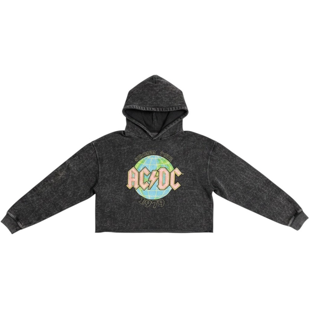 ACDC Summer Tour‎ 1979 Cropped Hoodie Acid Wash Charcoal Grey Small